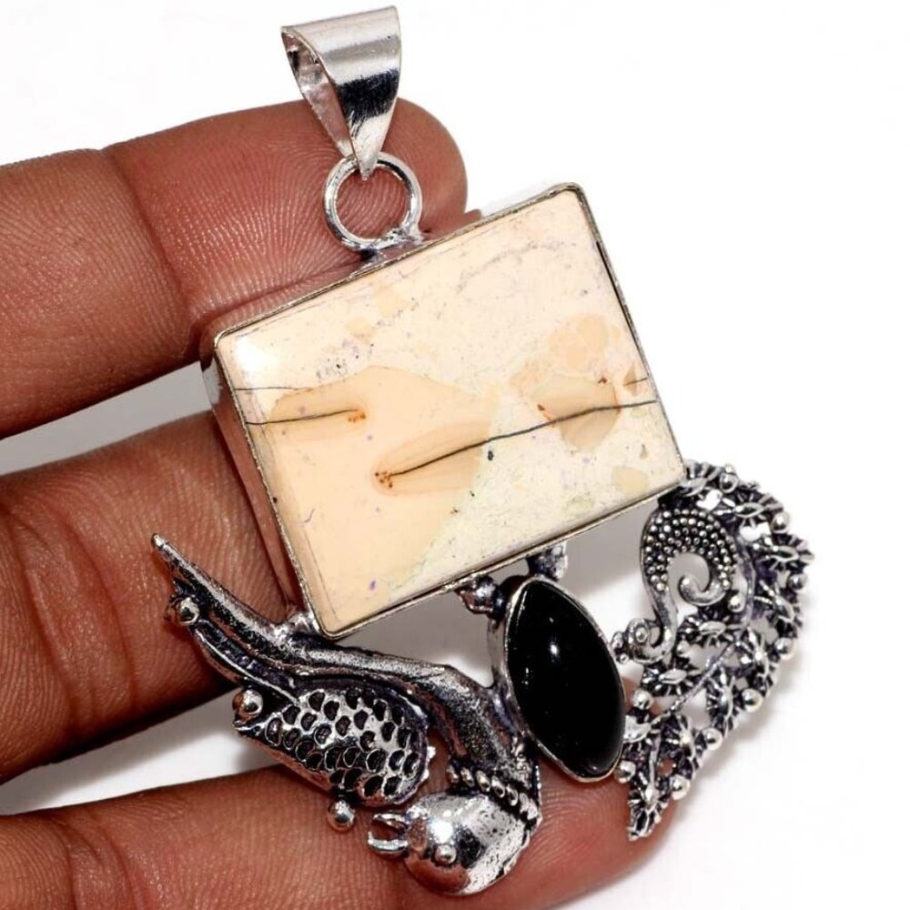 Hummingbird + Peacock Maligano Jasper Amethyst Gemstone Necklace